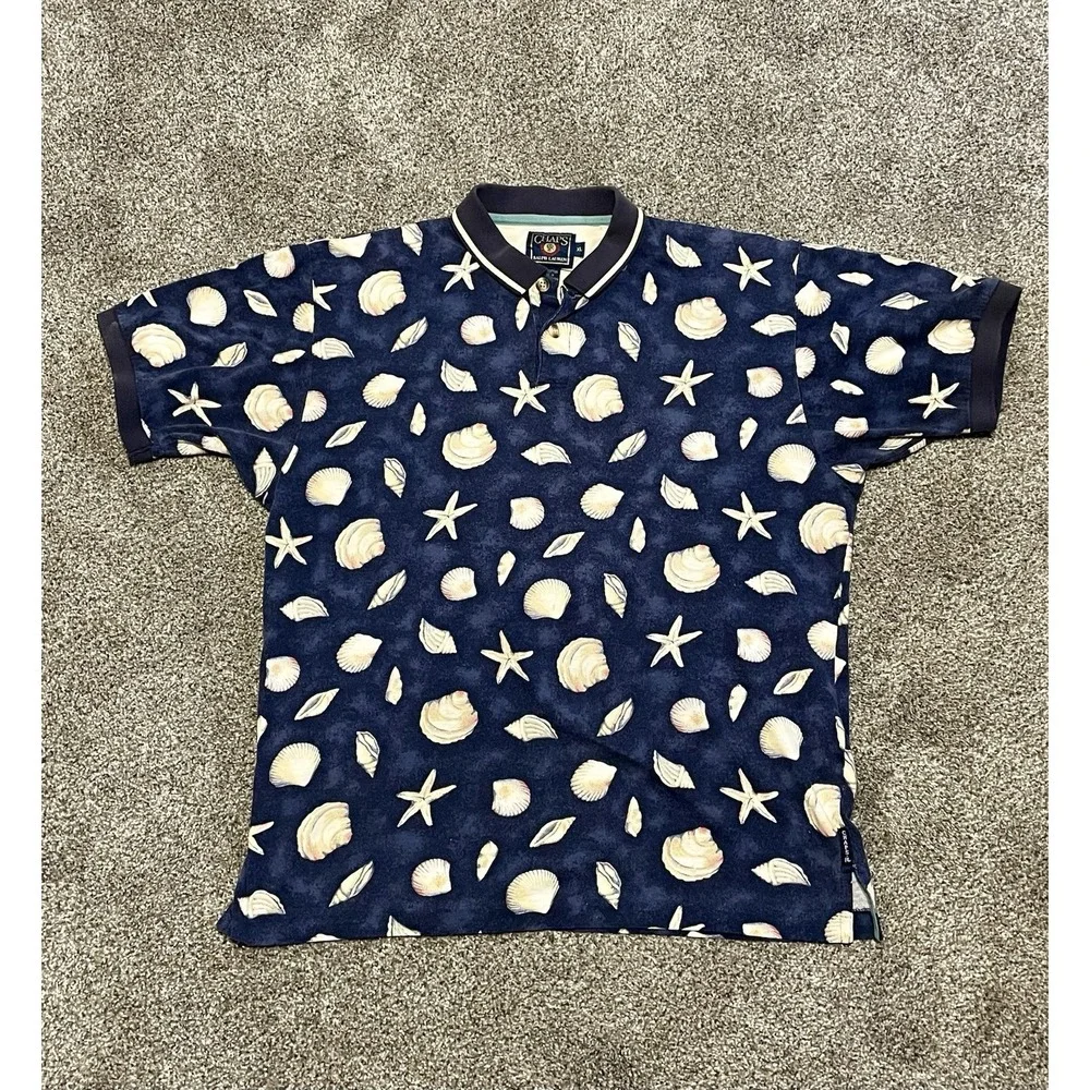 Vintage Chaps Ralph Lauren Mens Polo XL Island Beach Seashell AOP Navy Blue